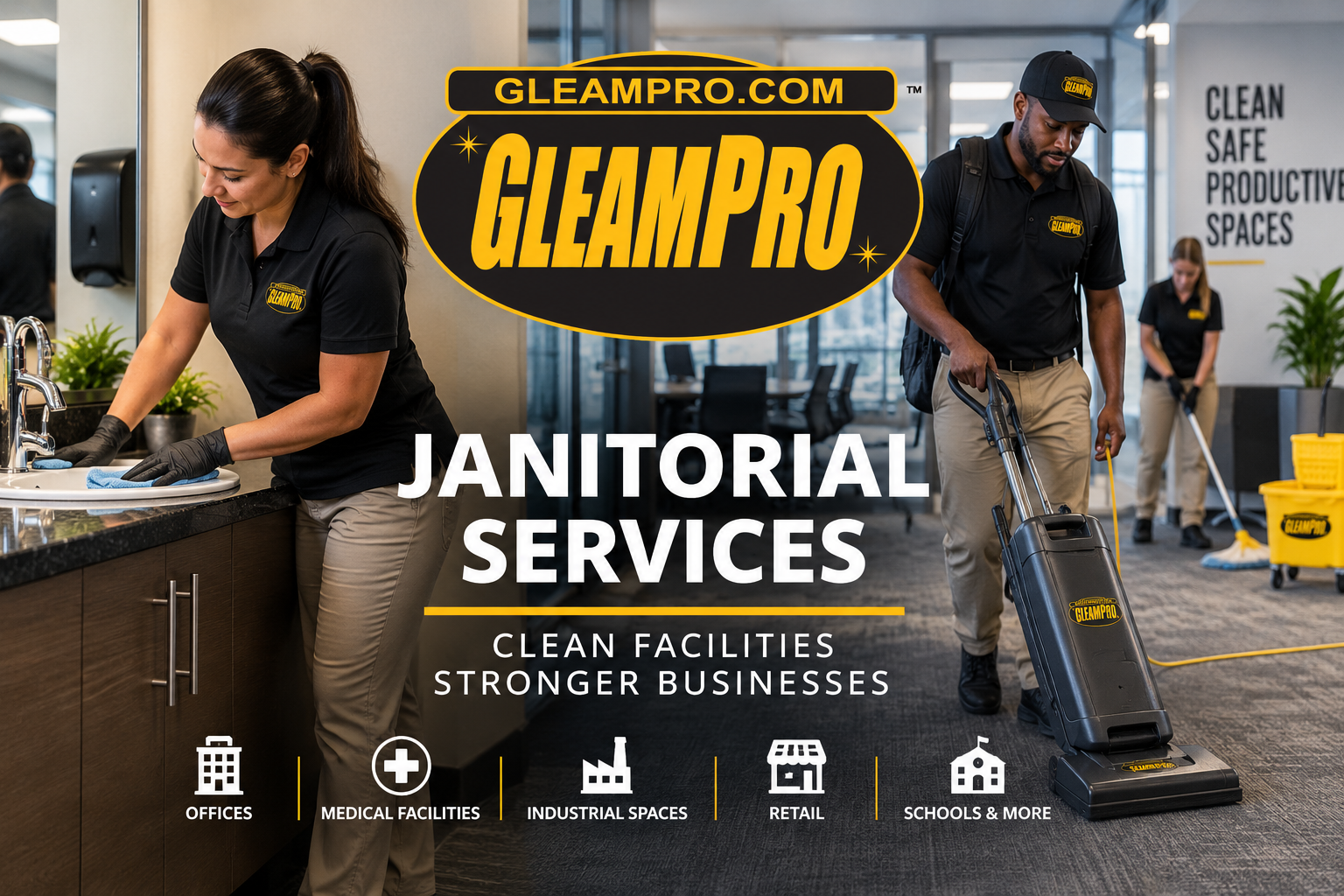 GleamPro commercial janitorial team cleaning a professional facility