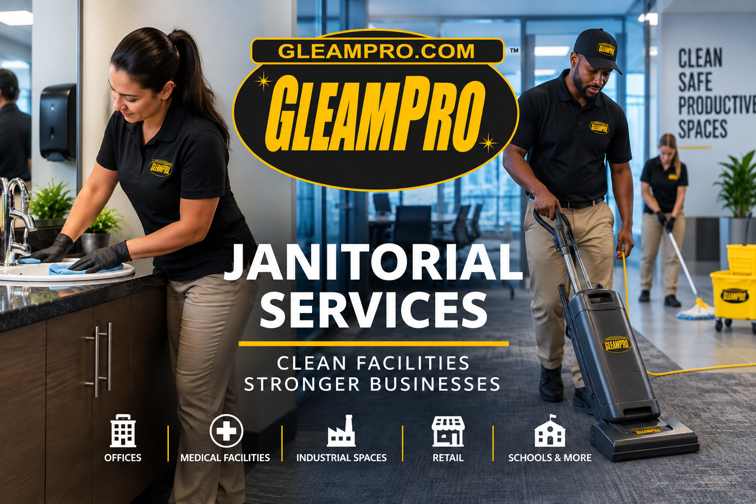 GleamPro janitorial team performing commercial cleaning services in a modern facility.